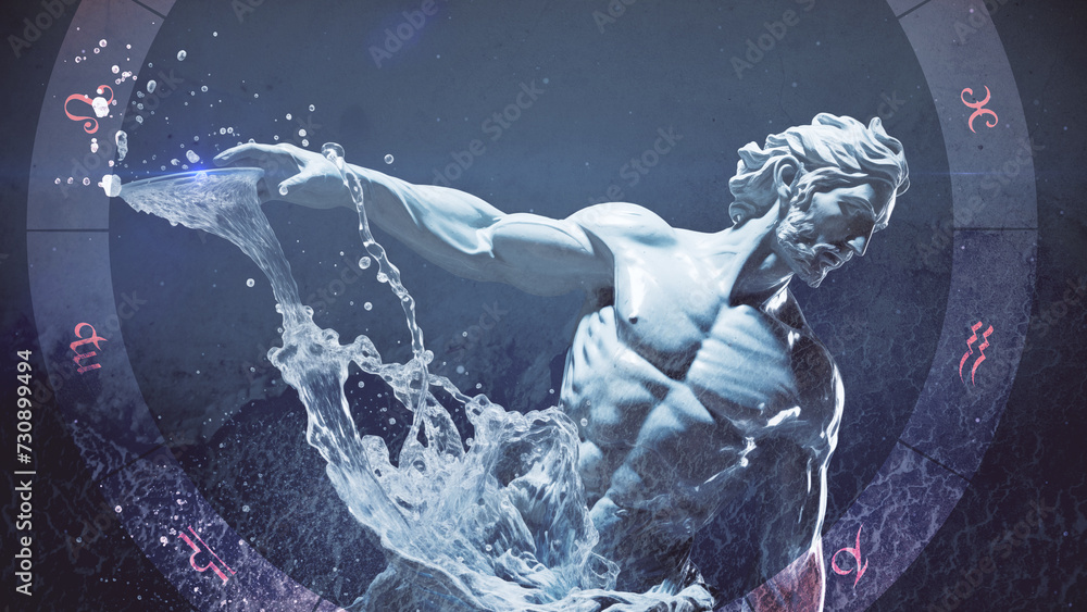 Abstrakte Wassermann-Skulptur in astrologischem Tierkreis vor blauem Hintergrund. Illustration
