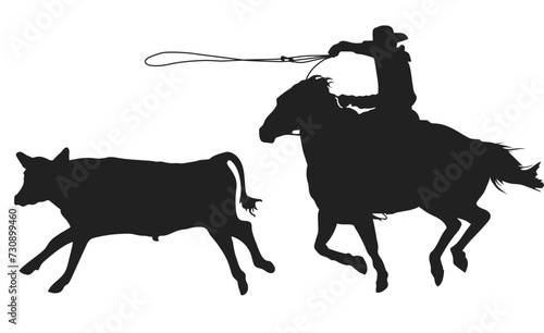 cowboy on horseback throws a lasso at a steer, isolated vector silhouette photo