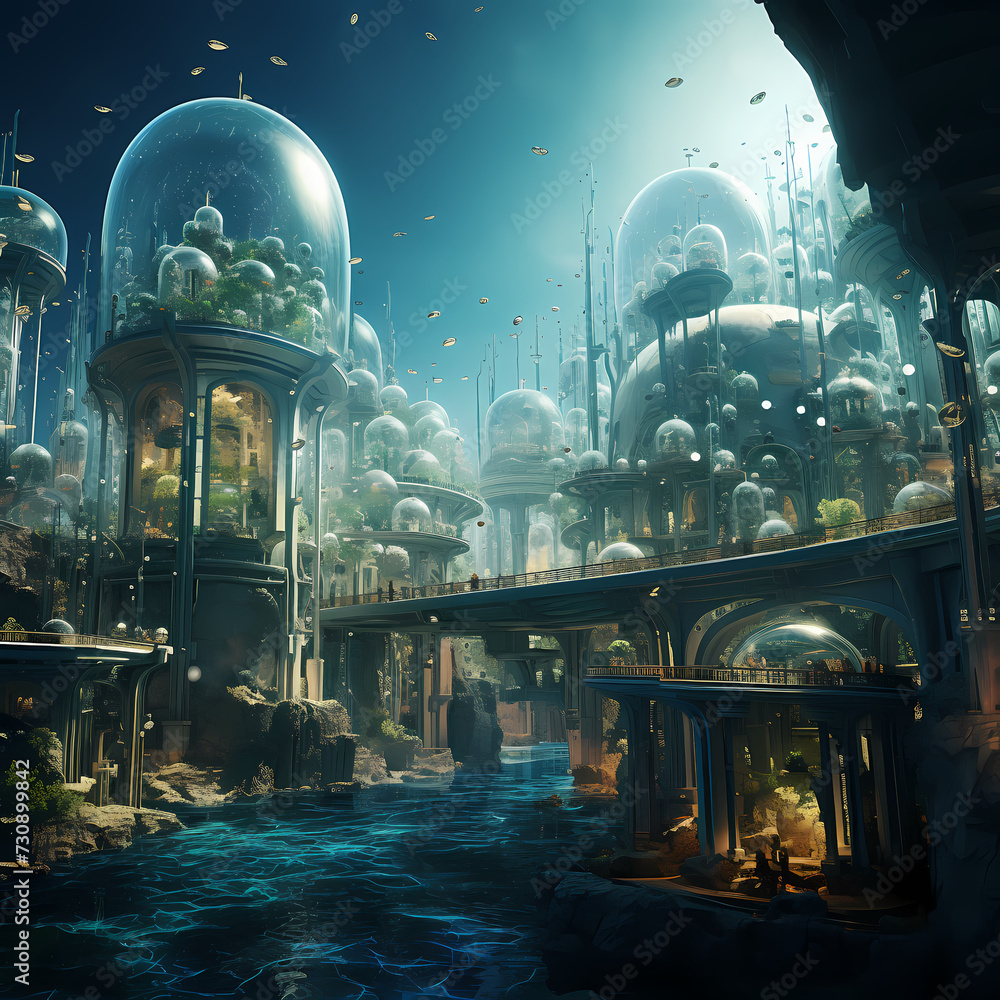 Underwater city with glass domes.