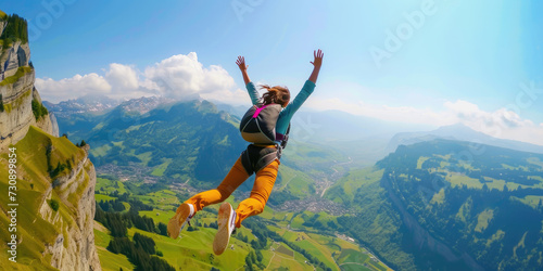 An adrenaline-filled scene of a base jumper in a wingsuit, soaring through the air above a breathtaking mountain landscape, embodying the extreme thrill of free flight.
