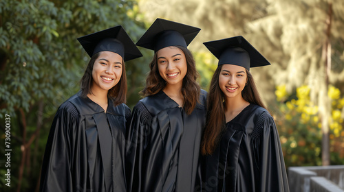 Portrait of three happy graduates in a black gown and graduation cap.