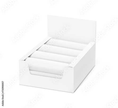 Show box blank mockup with set flow packaging for food. Vector illustration on white background. Ready for your design. EPS10. photo