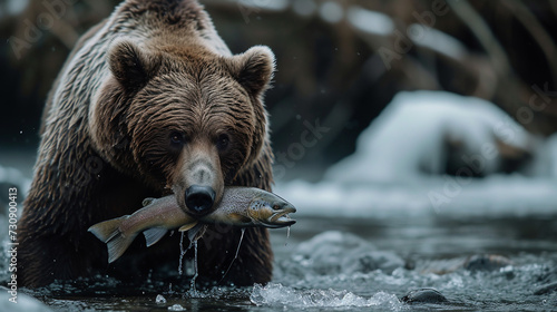 Brown bear in the water catch fish.  photo