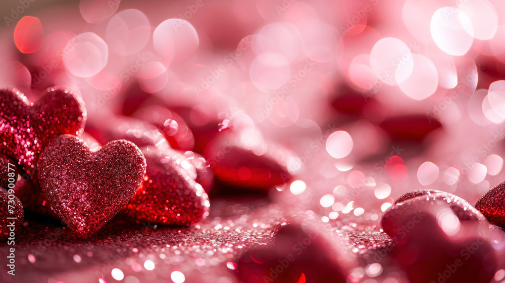 Close up of pink glitter hearts on sparkling background. Copy space. Valentines Day. Romantic Concept. Generative AI