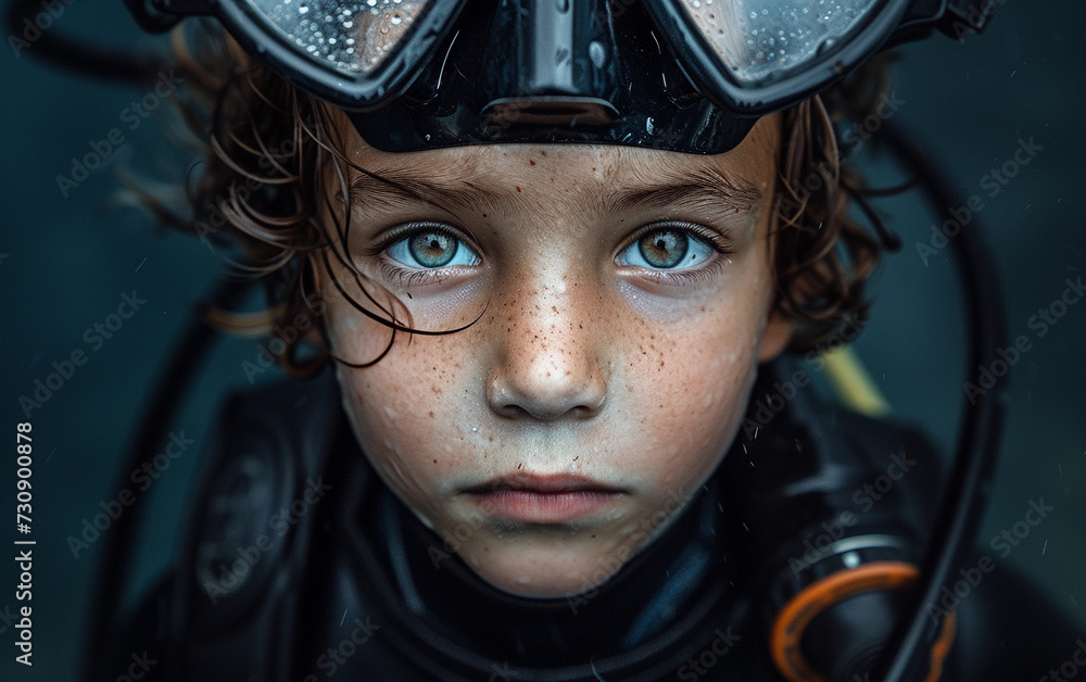 Young Boy Wearing Diving Suit and Goggles