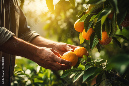 a man putting hand on ripe orange fruit in a a garden with orange fuit trees	
 photo