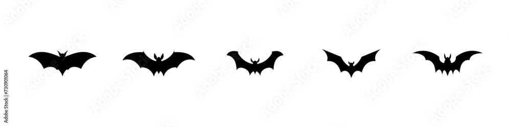 Fototapeta premium Halloween bat silhouette set isolated on white background. Spooky black horror bat graphic. Vector