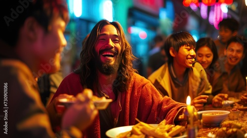 Middle Eastern Jesus Smiling while eating with Chinese youth in Kunming