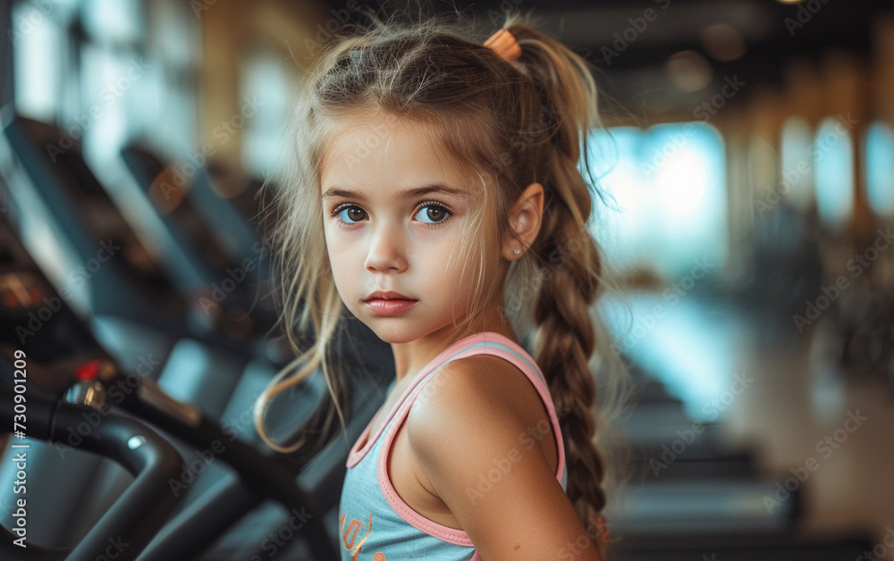 Multiracial Little Girl Standing on Treadmill in Gym