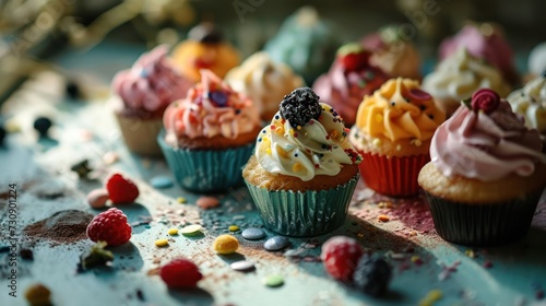 representation of miniature cupcakes, artfully decorated with intricate frosting and toppings, presented on a whimsical miniature dessert table © Tina