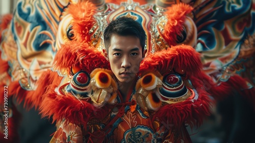 A young Chinese man wears a beautiful hanfu. Surrounded by colorful embroidered dragons
