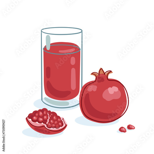 A large glass of pomegranate juice and a fresh pomegranate. Picture in line style. Dark outline with colored spots. Isolated on white background. Vector flat illustration.