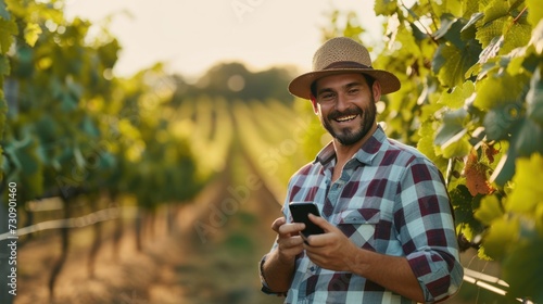 A young farmer uses a mobile phone and stands smiling happily in a vineyard garden.