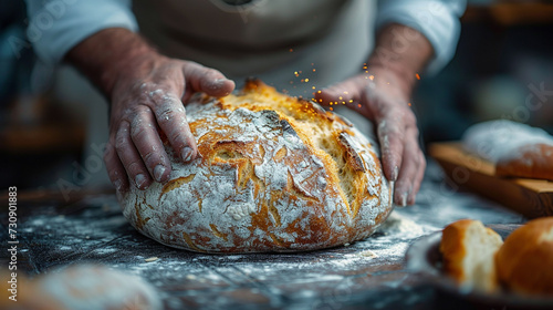 Bread with a crispy crust, freshly baked, in the hands of a man.