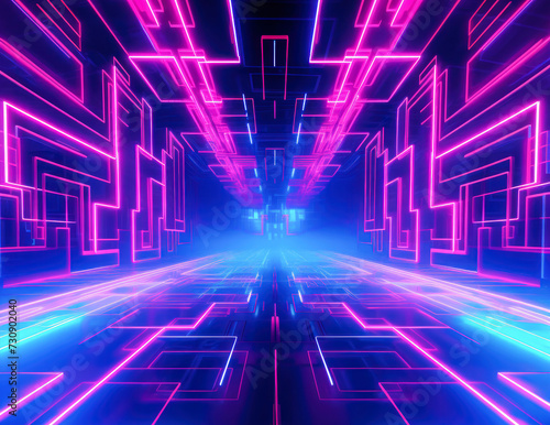 Futuristic techno Sci-fi neon glowing lines background. Digital artwork. Reflections on the floor and ceiling. Virtual 3D background, representation for business