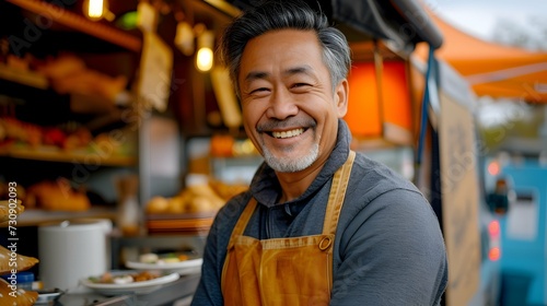 Portrait of Happy Middle Aged Asian Man Standing Outside His Food Cart - Small Business Owner Concept