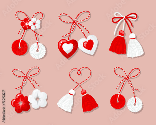 Martisor set, red and white symbol of spring. Traditional spring holiday in Romania and Moldova. Symbols, talismans, icons, vector
