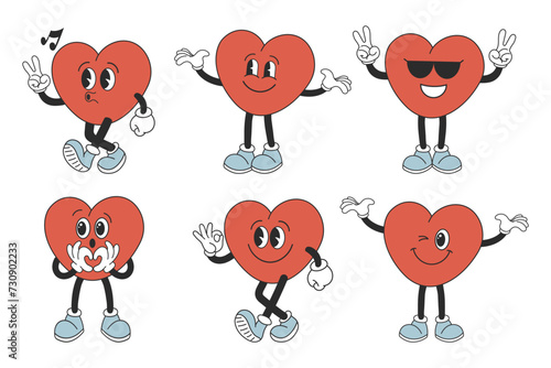 Set of hearts of funny characters with different emotions, heart mascots. Fashionable emoticons in retro style. Vector