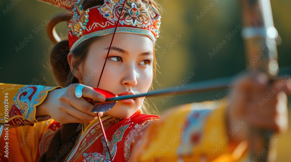 Beautiful Mongolian woman in traditional dress doing archery