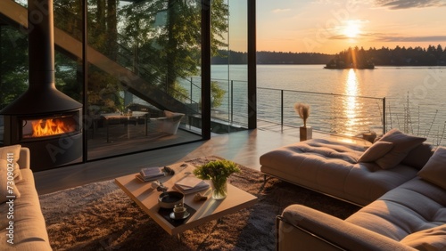 Terrace in the house and a balcony with the view of the sunset over the lake © Katya