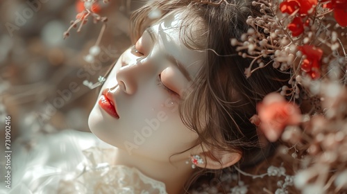 Beautiful girl in important style Webcam photography romantic scenery gongbi light white and light green dark red and white Eye-catching resin ornaments photo