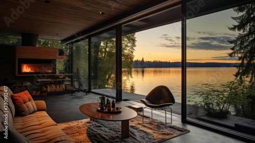 A small living room in the house and a balcony with the view of the sunset over the lake © Katya