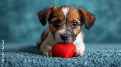 Cute lover Valentine puppy dog lying with a red heart, isolated on blue background