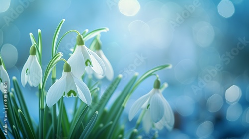 Snowdrops on a blue background with bokeh