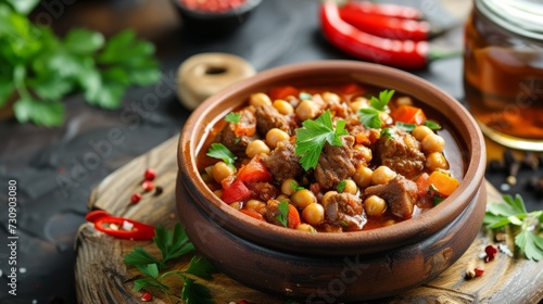 Chickpea and meat stew, copy space