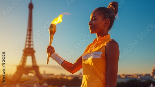 A young female athlete holds a torch, the Olympic flame on the background of the Eiffel Tower