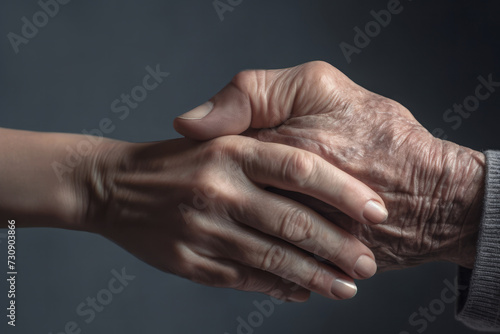 old hands and young hands on gray background
