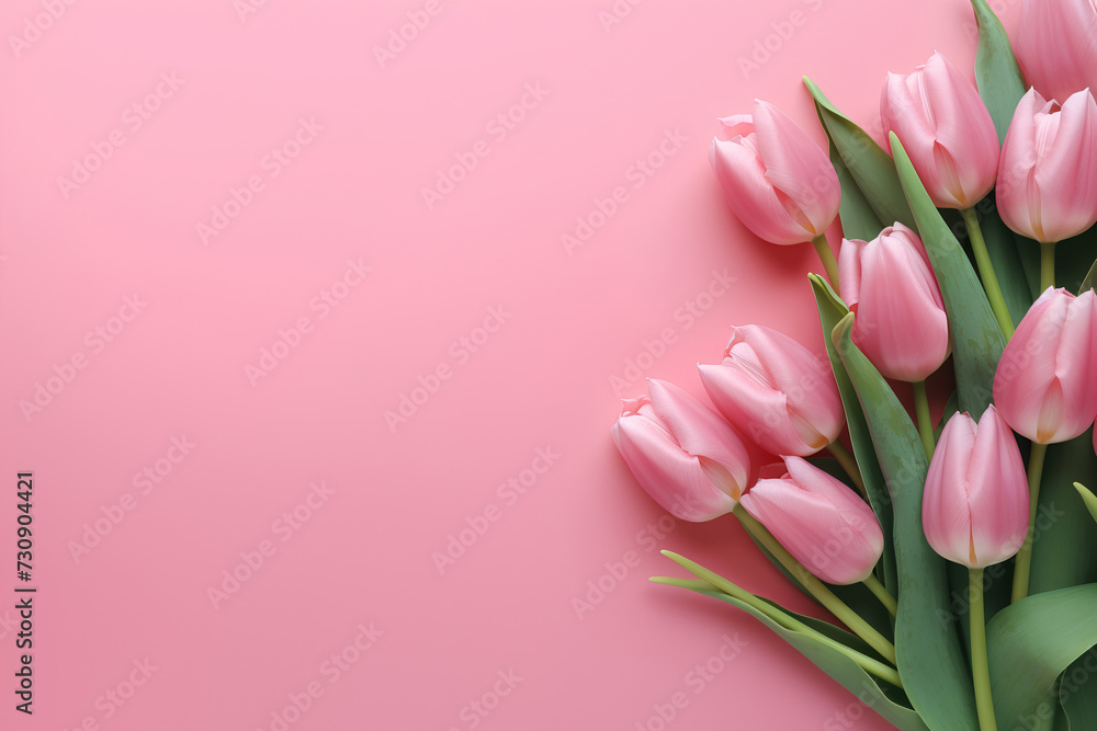 Blooming Elegance. Soft Pink Tulips Arrangement on Realistic Rose-Colored Background, Floral Springtime Composition for Greeting Cards, Invitations, and Feminine Designs