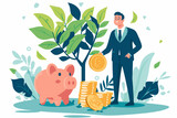 Financial Literacy and Investment Education, Personal Finance Management, Businessman with Piggy Bank and Growing Money Tree Concept.