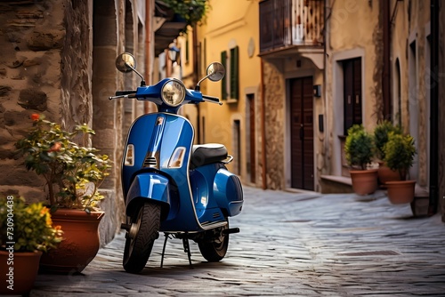 Blue scooter parked in the narrow cobblestone street of a charming small Italian town  surrounded by colorful buildings and quaint architecture