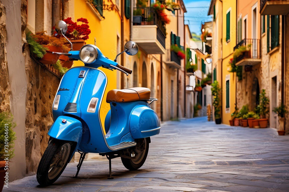 Blue scooter parked in the narrow cobblestone street of a charming small Italian town, surrounded by colorful buildings and quaint architecture