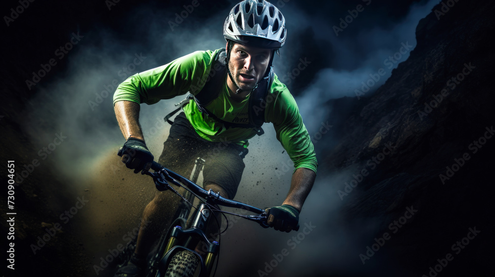Obraz premium Navigating the Trail: A Light Green and Black Mountain Biker with Speed and Agility
