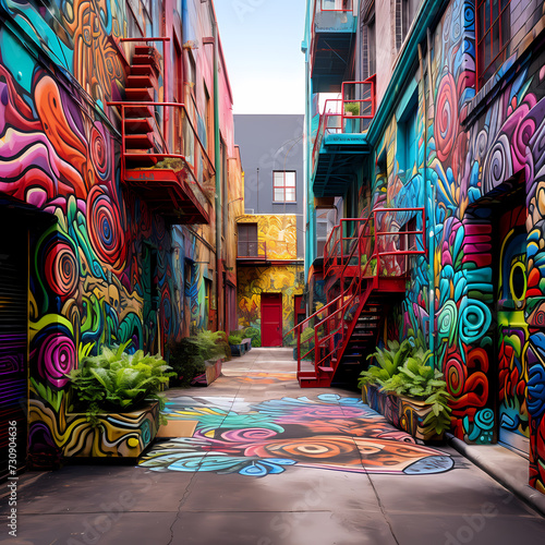 Vibrant street art covering a city alley.
