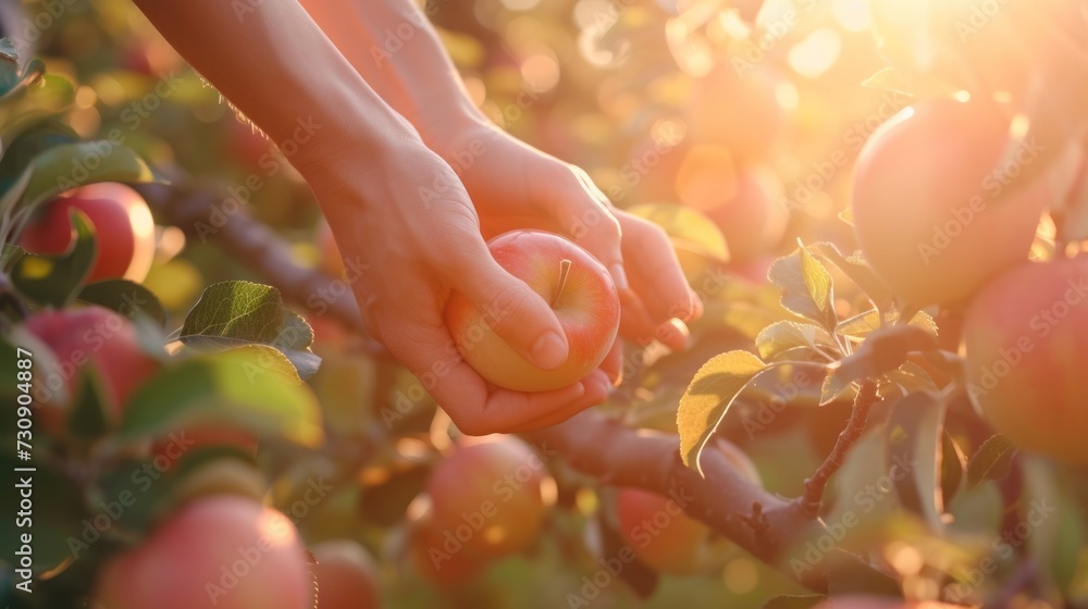 Close-up of hands tending an apple field in the sunset light.