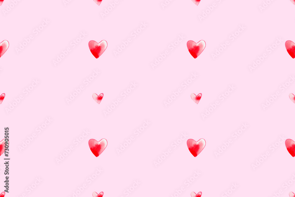 Red and pink hearts seamless pattern for Valentines day on the white background, fabric, paper. Digital watercolor illustration