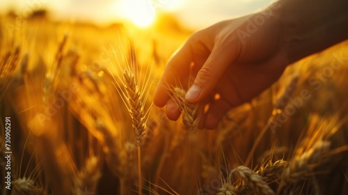 Close-up of hands tending wheat in the sunset light