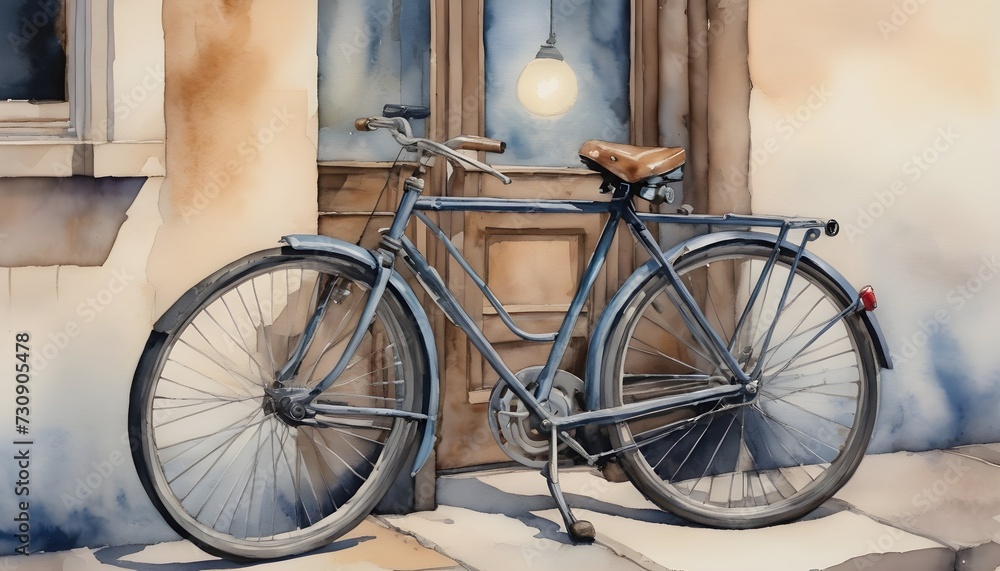 Watercolor Painting: Evoking Nostalgia with a Vintage Bicycle Parked under a Streetlamp