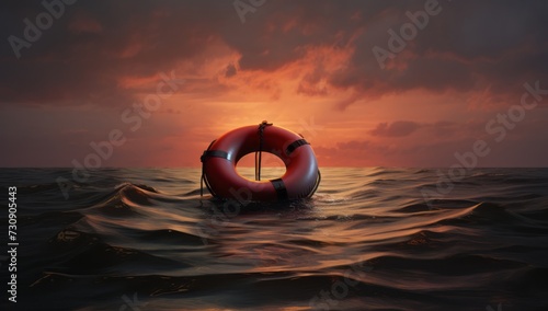 Life preserver floating in the ocean at sunset, orange lifebuoy floating at sea sunset sunrise, wide horizontal banner