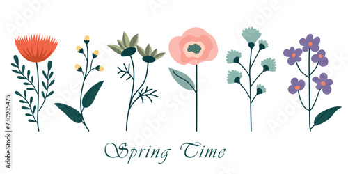 Set of floral elements. Flower, buds and green leaves. Spring holiday concept. Vector illustration