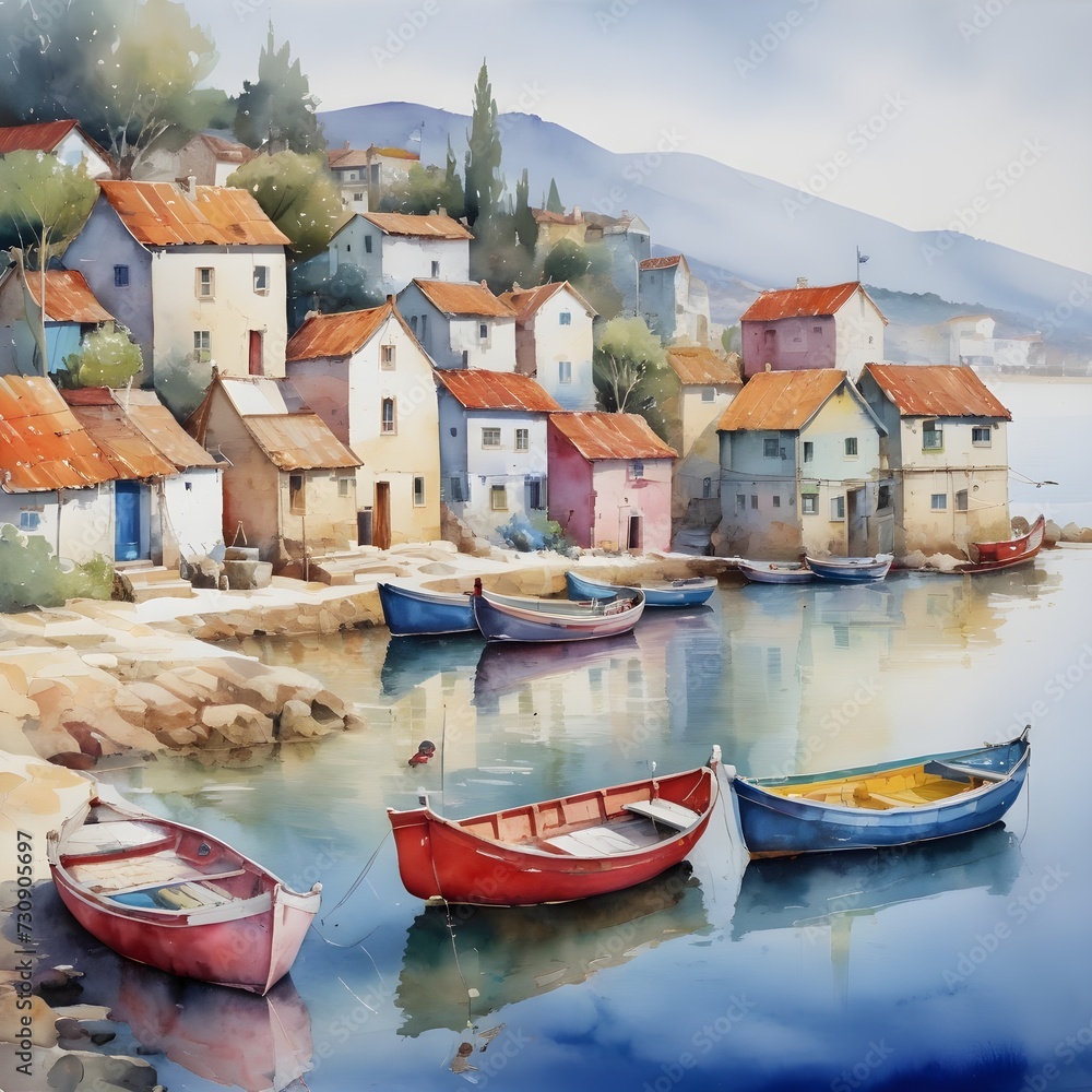 Watercolor painting of a charming coastal village with colorful fishing boats