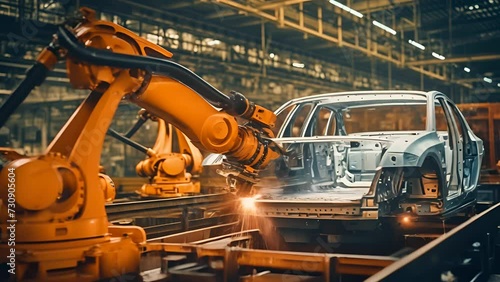 A robot arm is assembling a car or electric vehicle in a factory. photo