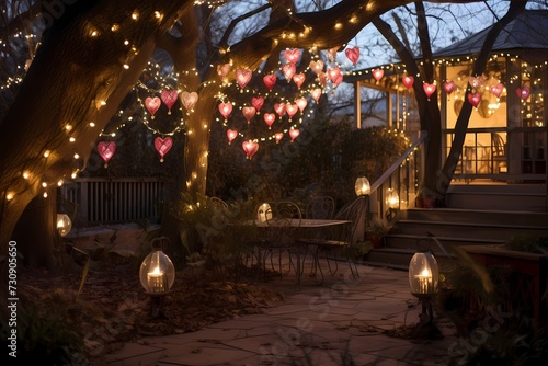 Whimsical Valentine s Day garden adorned with fairy lights  heart-shaped lanterns  and romantic seating
