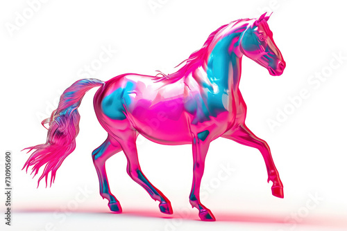 A pink and blue horse running on a white surface.