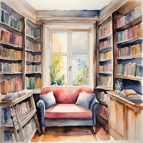 Watercolor painting of a cozy book nook with shelves filled with well-loved classics © Lucas