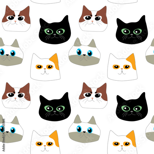 Vector seamless pattern of doodle cute cat faces, flat color on white background.