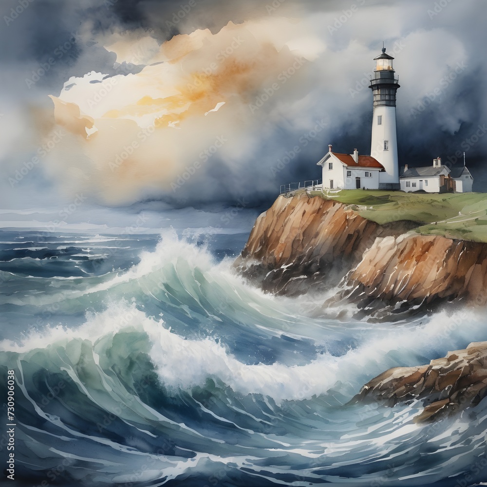 Watercolor Painting of a Majestic Lighthouse overlooking Stormy Seas